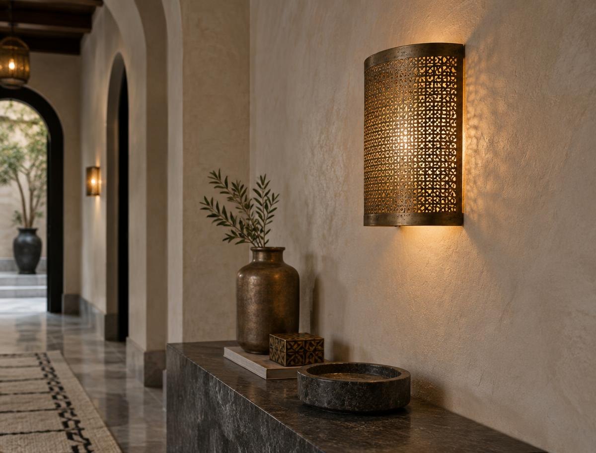 Contemporary pierced brass wall light casting warm light along an ivory hotel corridor