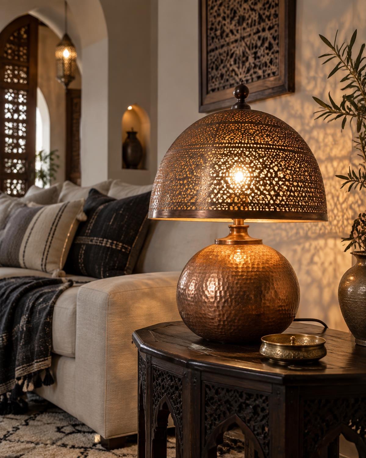 Hammered copper table lamp with a pierced dome shade in an elegant Moroccan living room