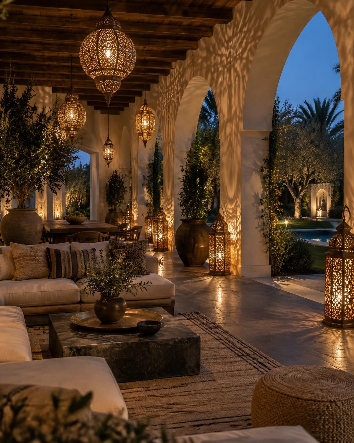 Covered Moroccan garden terrace illuminated by glowing pierced brass lanterns at dusk