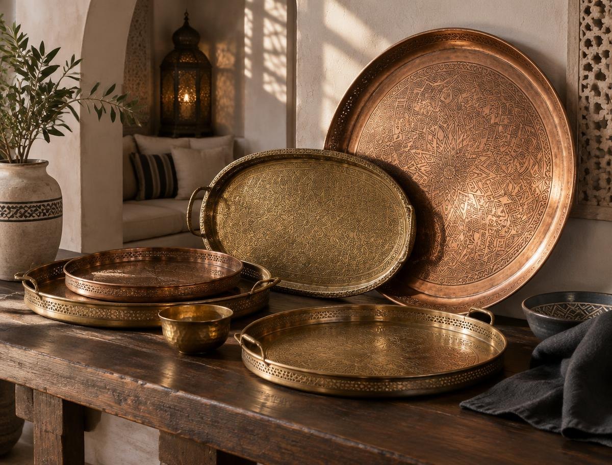 Refined arrangement of engraved copper and brass trays on a dark walnut table