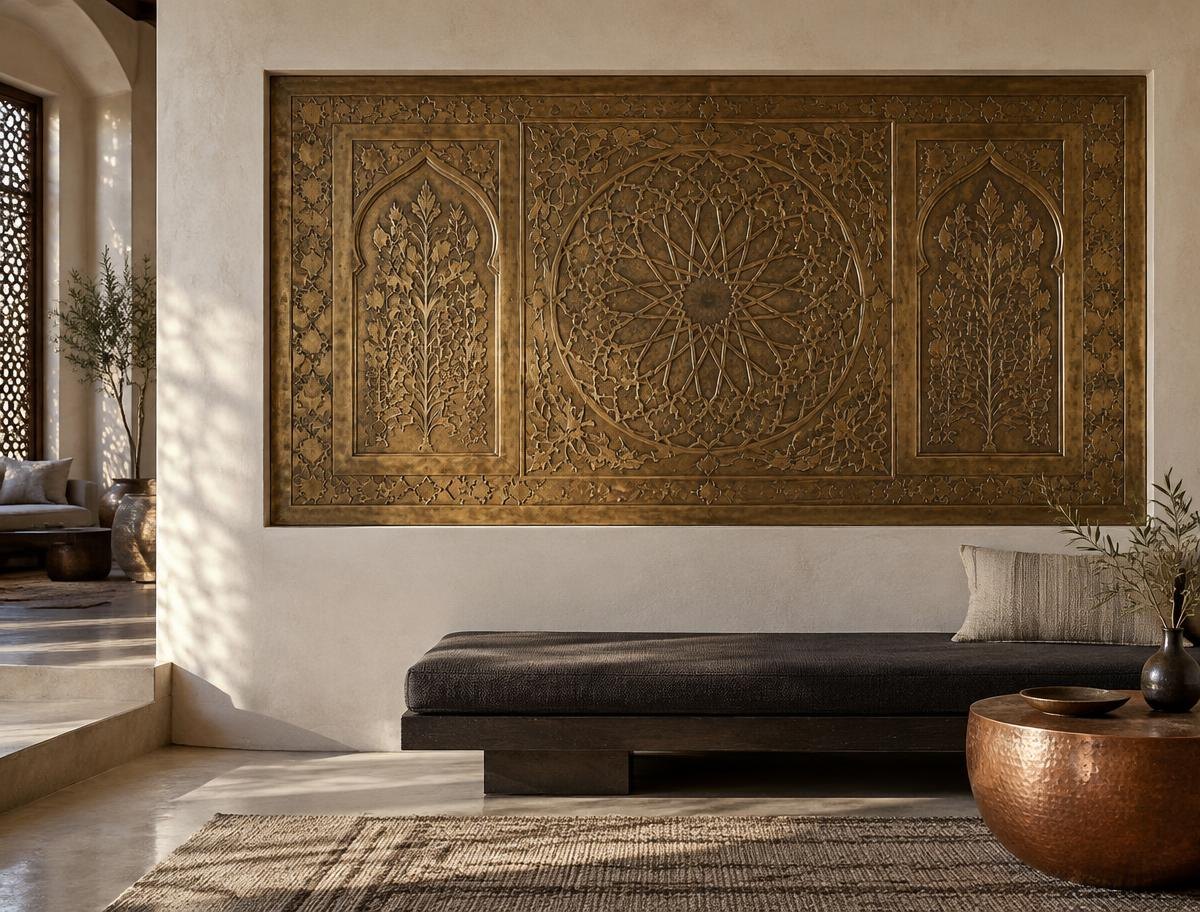 Large engraved brass wall panel with geometric and botanical motifs in a refined salon