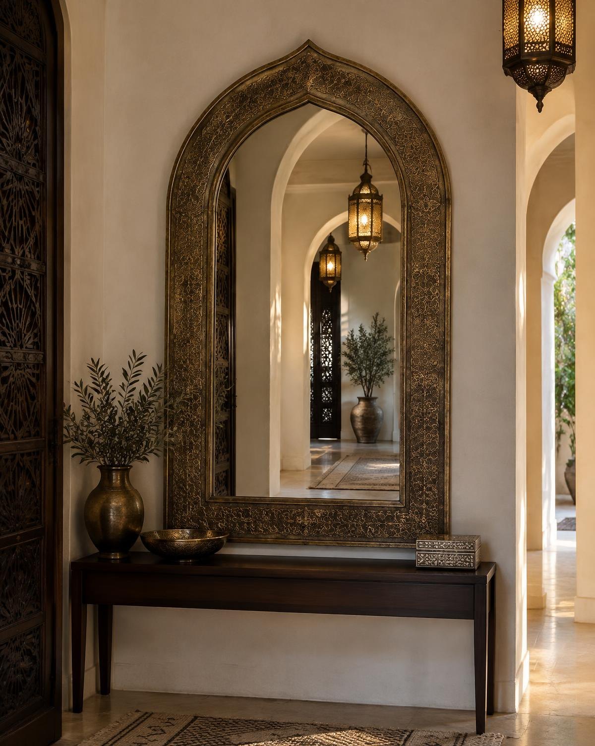 Ornate arched mirror with a handcrafted engraved brass frame in an ivory riad hallway
