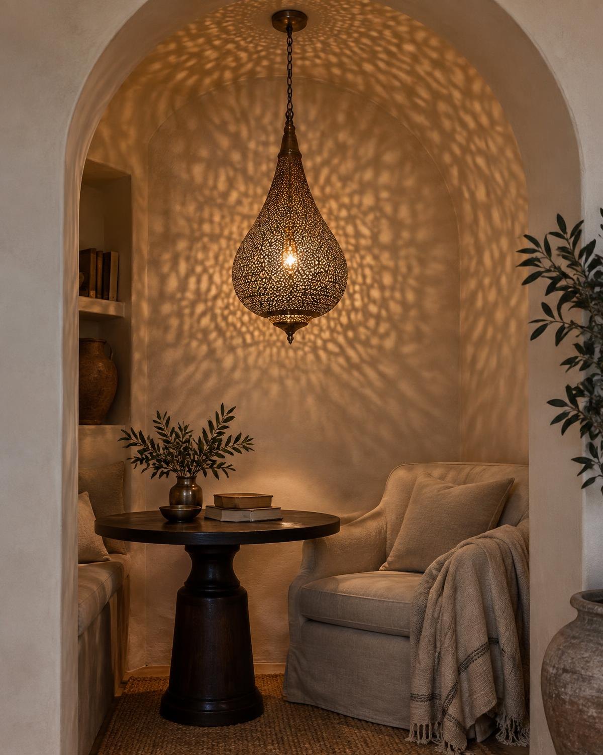 Intricately pierced teardrop brass pendant casting patterned shadows in an ivory alcove