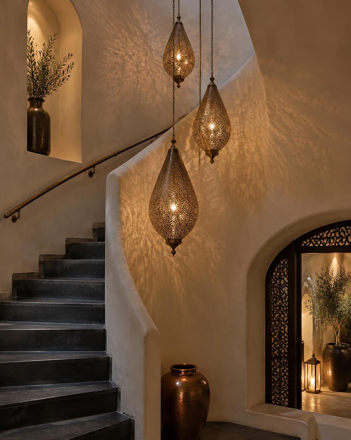 Three slender pierced brass pendants descending through a curved Moroccan stairwell