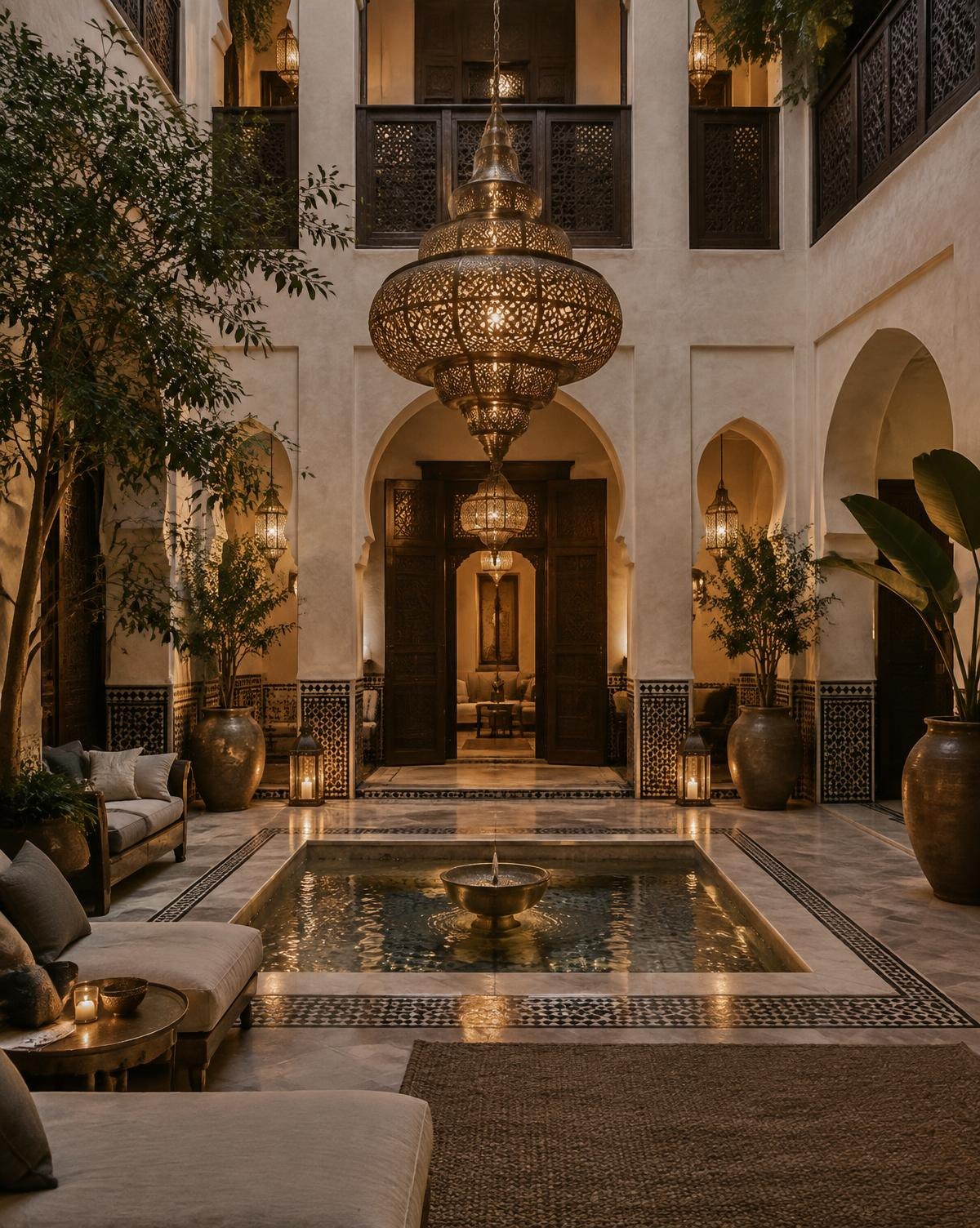Grand pierced brass chandelier above a fountain in an elegant Moroccan riad courtyard