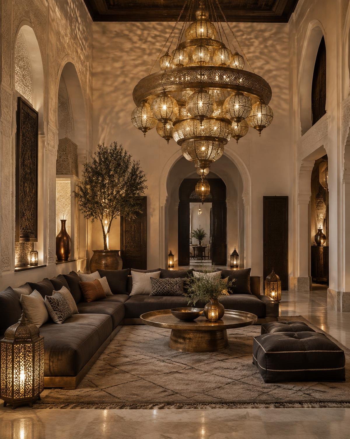 Tiered pierced brass chandelier illuminating a luxurious Moroccan riad salon