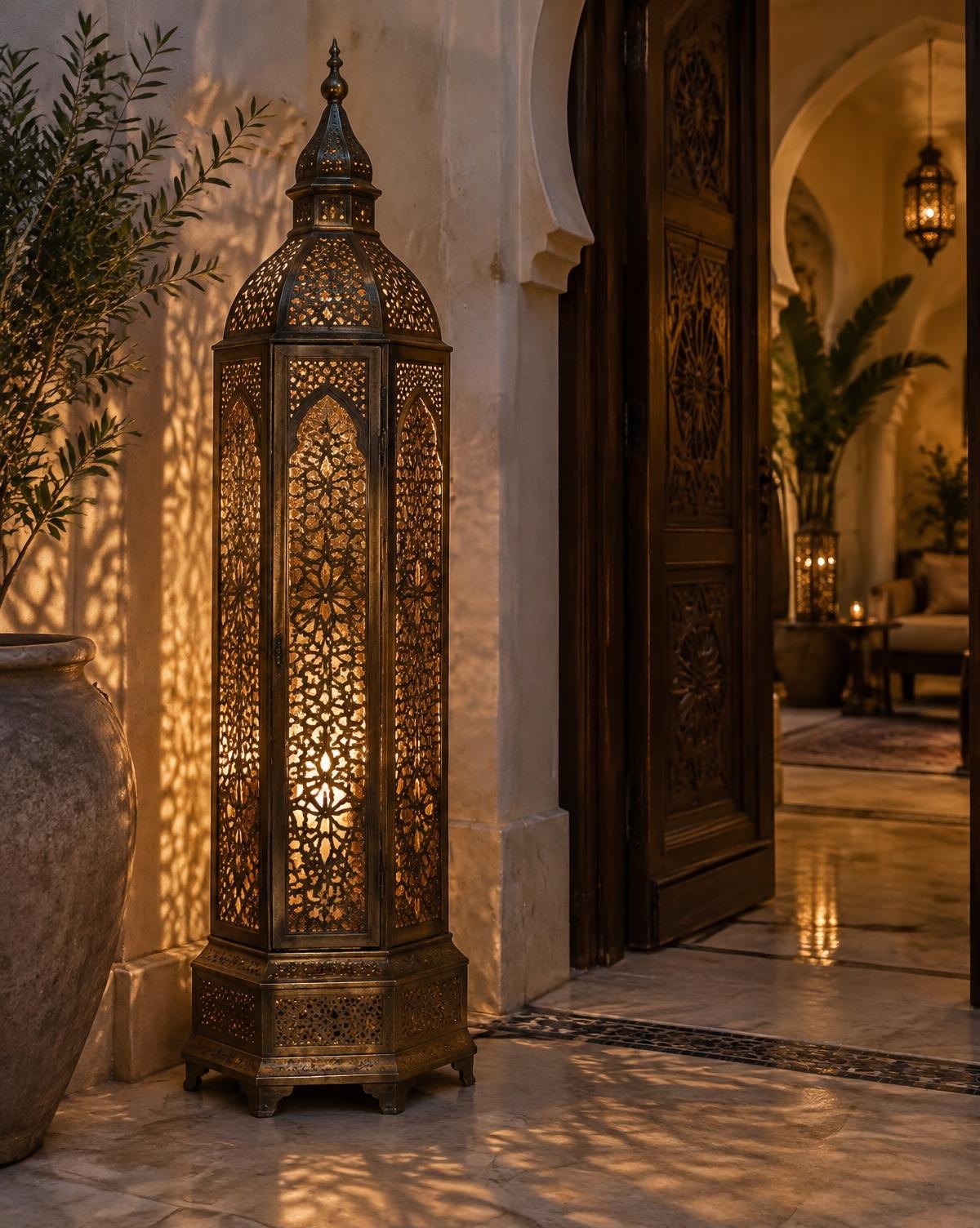 Tall traditional pierced-metal lantern glowing at an elegant arched entrance