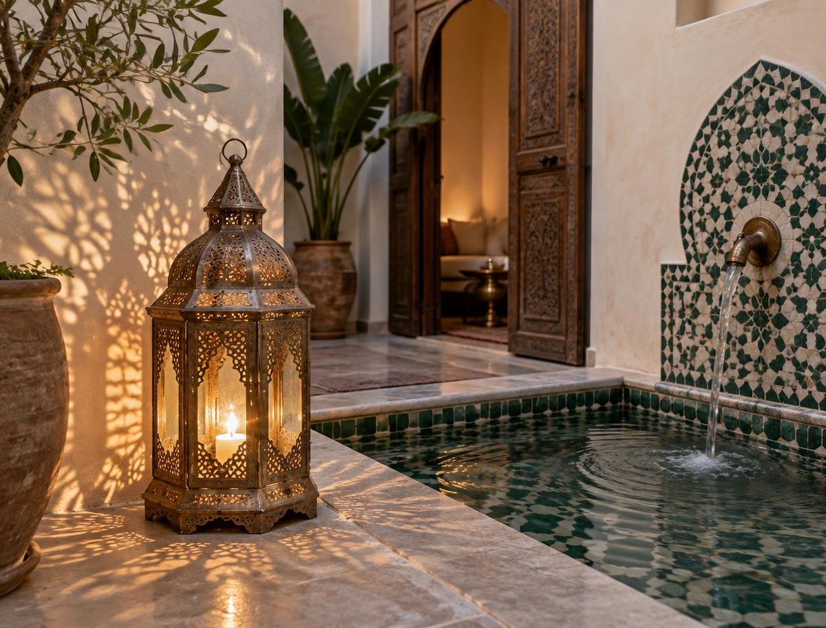 Traditional engraved brass lantern glowing beside a tiled fountain in a Moroccan patio